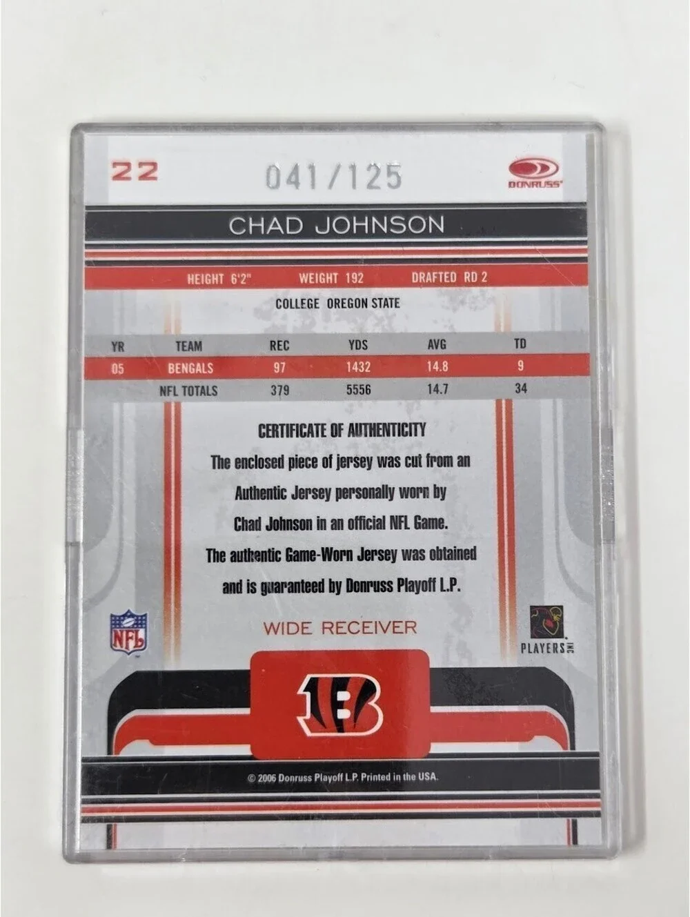 2006 Donruss Gridiron Gear - Chad Johnson #22 Jerseys Prime /25 (MEM)
